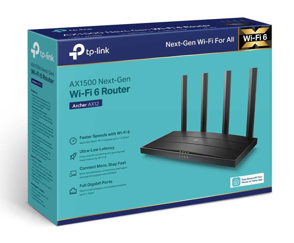 Pudełko routera TP-Link Wi-Fi 6. Pudełko ma funkcje i obraz routera z przodu.