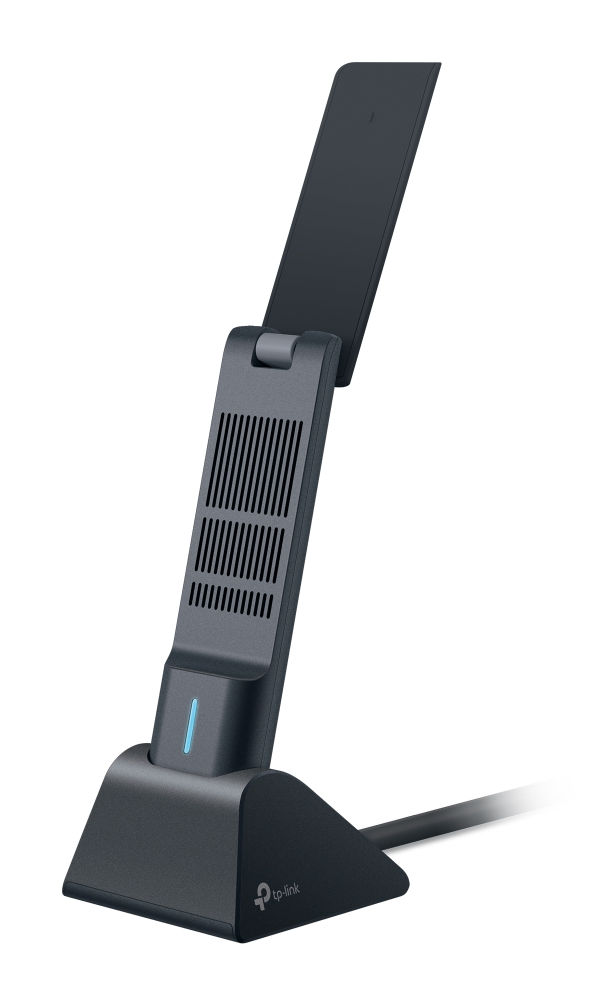 Czarny przedłużacz Wi-Fi TP-Link. Ma podstawę, pionowy korpus z otworami wentylacyjnymi i antenę.