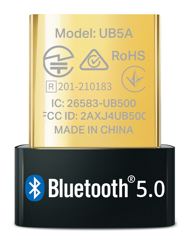 Złoty adapter USB Bluetooth 5.0 z tekstem i symbolami.
