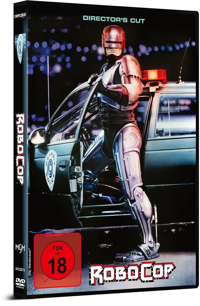 RoboCop DVD-Cover. RoboCop im Metallanzug an einem Polizeiauto, Nachtszene.