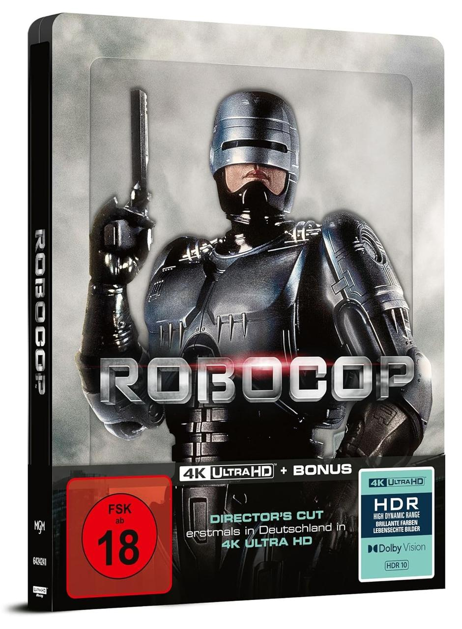 RoboCop Blu-ray-Hülle. Der Filmtitel und RoboCop sind zu sehen. Die Hülle ist silber und schwarz.
