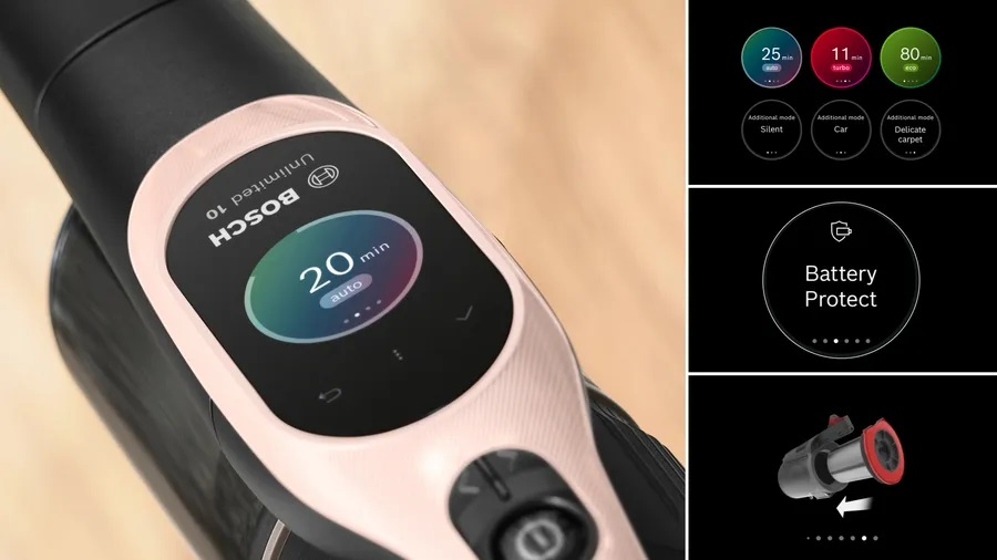 Odkurzacz Bosch, szczegóły i wyświetlacz z ustawieniami, czarne tło.