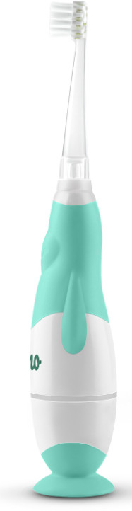 Elektryczna szczoteczka do zębów dla dzieci, w kształcie pingwina, turkusowa i biała, z białą główką.