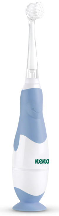 Niebiesko-biała szczoteczka do zębów dla dzieci z białą główką.