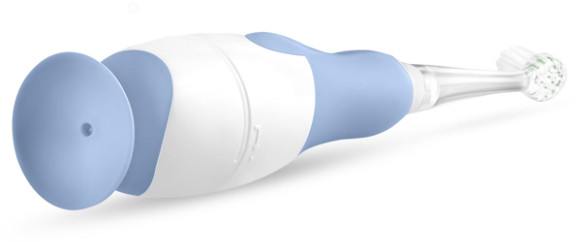 Niebiesko-biała szczoteczka do zębów dla dziecka. Mała główka, przyssawka, zakrzywiony uchwyt.