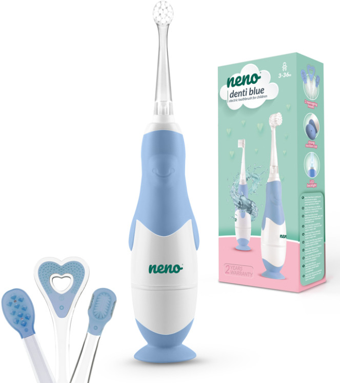 Niebieska i biała elektryczna szczoteczka do zębów dla dzieci z dodatkowymi główkami.