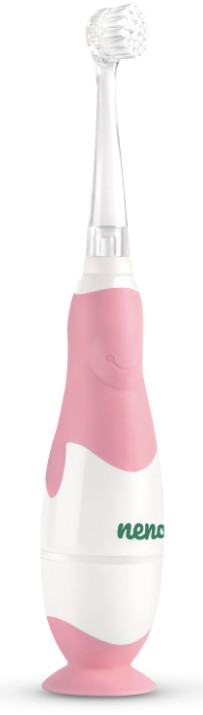 Różowa i biała elektryczna szczoteczka do zębów dla dzieci. Ma uśmiechniętą buzię i zielone logo.