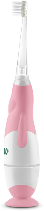 Różowa i biała elektryczna szczoteczka do zębów w kształcie pingwina. Posiada zielone logo na rączce.