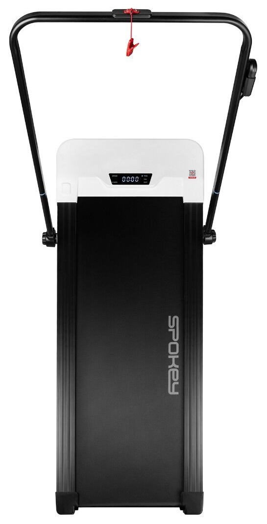 Bieżnia: Czarno-biała bieżnia z wyświetlaczem, uchwytami i czerwonym klipsem bezpieczeństwa.