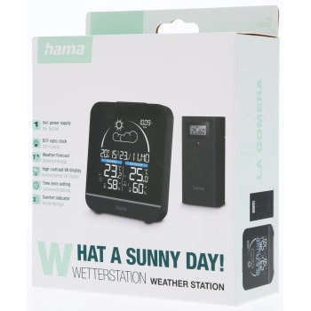Pudełko ze stacją pogodową, czarnym ekranem i tekstem 'WHAT A SUNNY DAY! WEATHER STATION'.