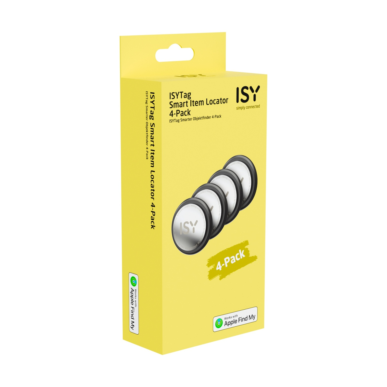 Scatola gialla di ISY Smart Item Locator 4-Pack con logo Apple Find My.