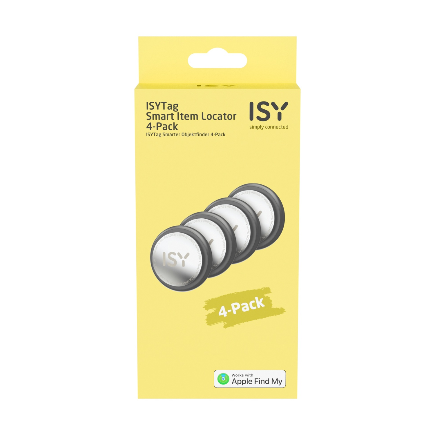 Una scatola gialla con quattro tracker circolari neri e argentati, con la scritta '4-Pack'.