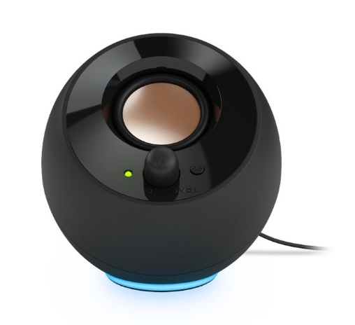 Czarny głośnik Creative Labs, zaokrąglony kształt, z pokrętłem regulacji i świecącą niebieską podstawą.