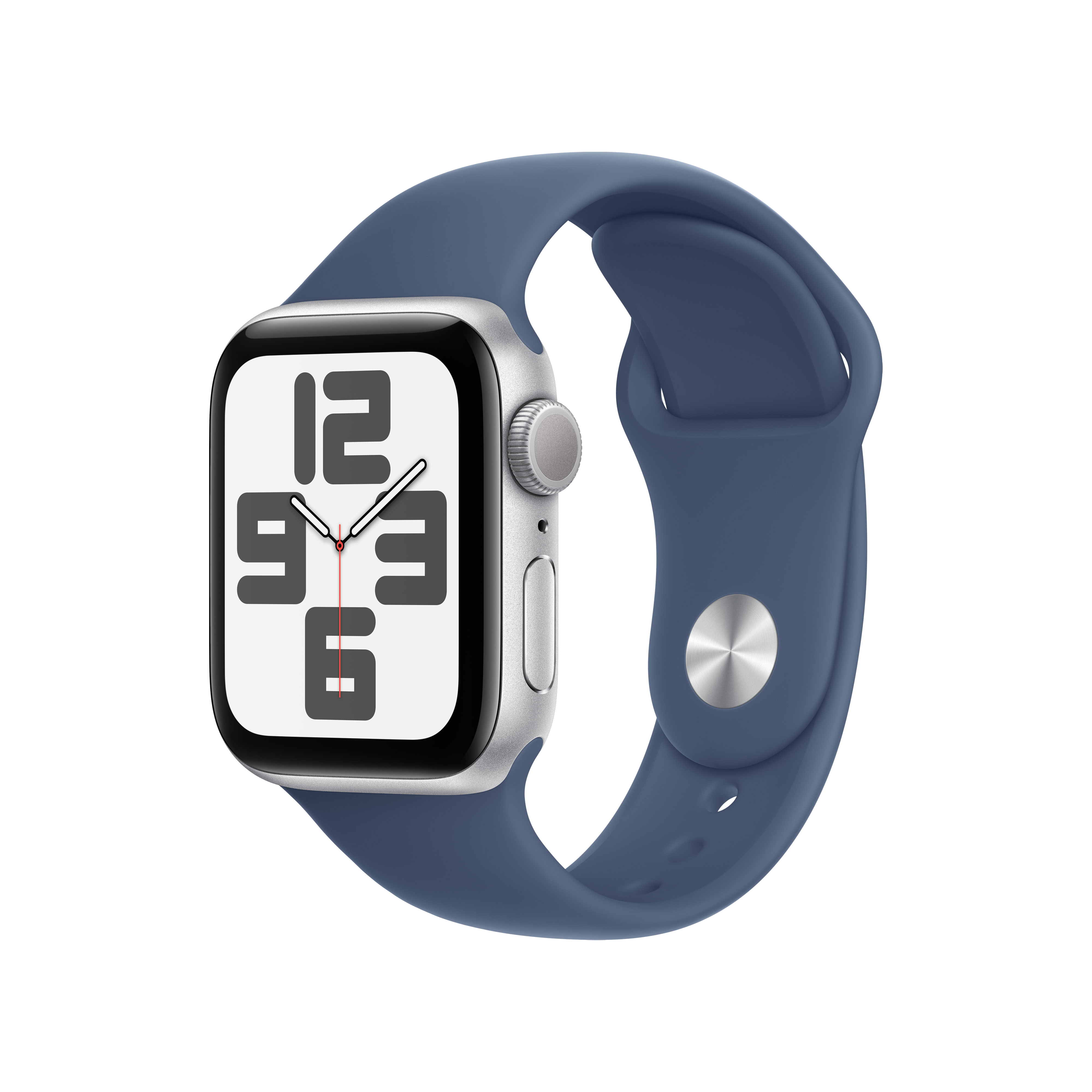 Apple Watch plateado con correa azul. El reloj muestra una esfera de reloj digital.
