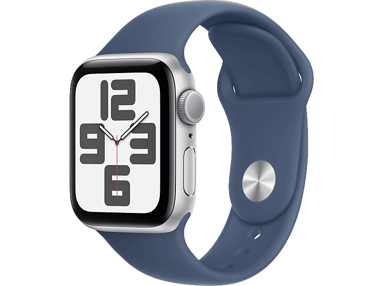 Apple Watch SE (2024), GPS, 40 mm, Caja de aluminio Plata, Vidrio delantero Ion-X, Correa deportiva Azul denim, Talla M/L