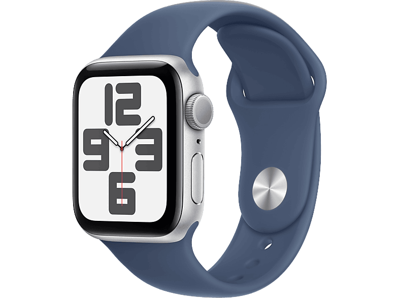 Apple Watch SE (2024), GPS, 44 mm, Caja de aluminio Plata, Vidrio delantero Ion-X, Correa deportiva Azul denim, Talla S/M