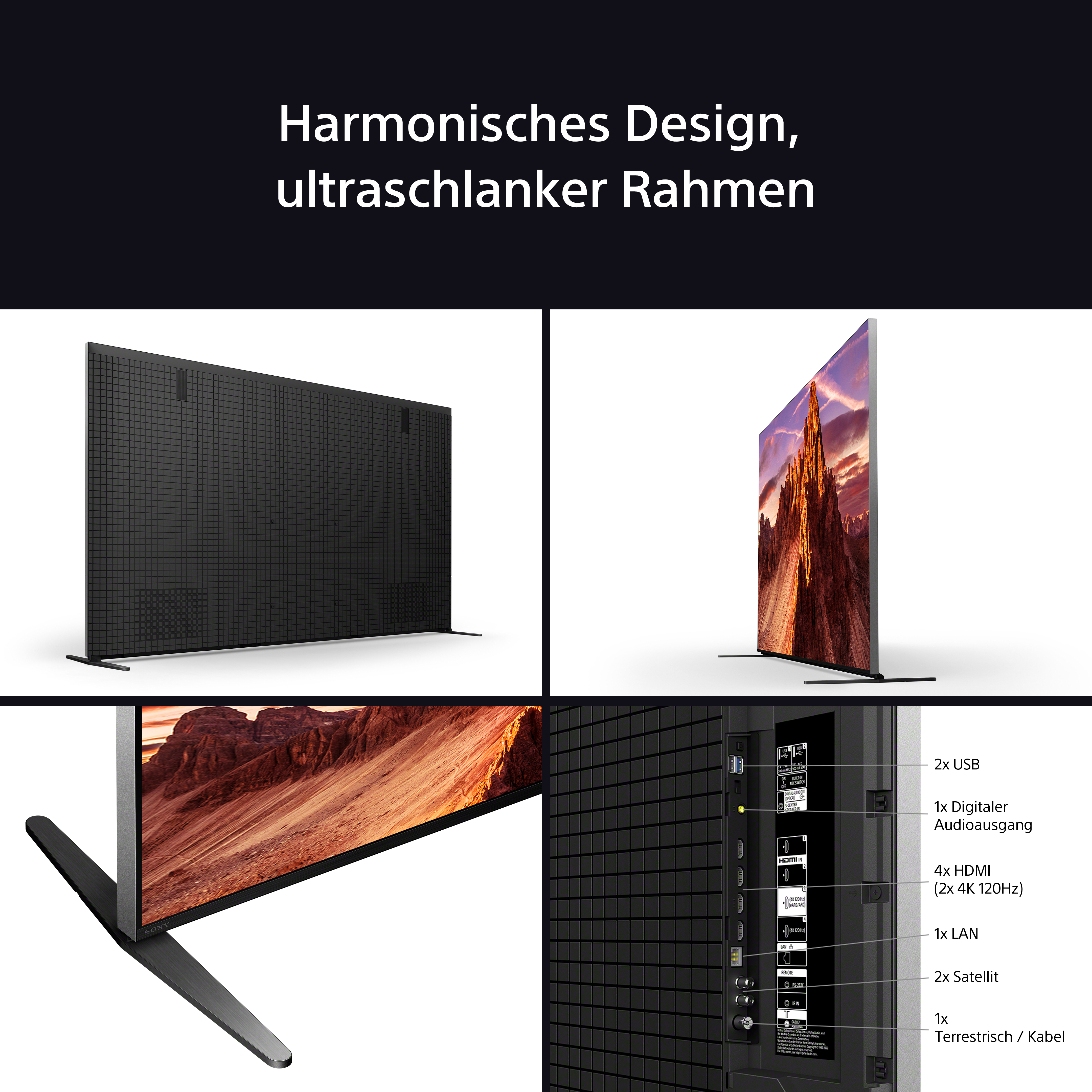 TV mit Rasterdesign. Vier Ansichten: vorne, Seite, Ecke und Rückseite mit Anschlüssen.