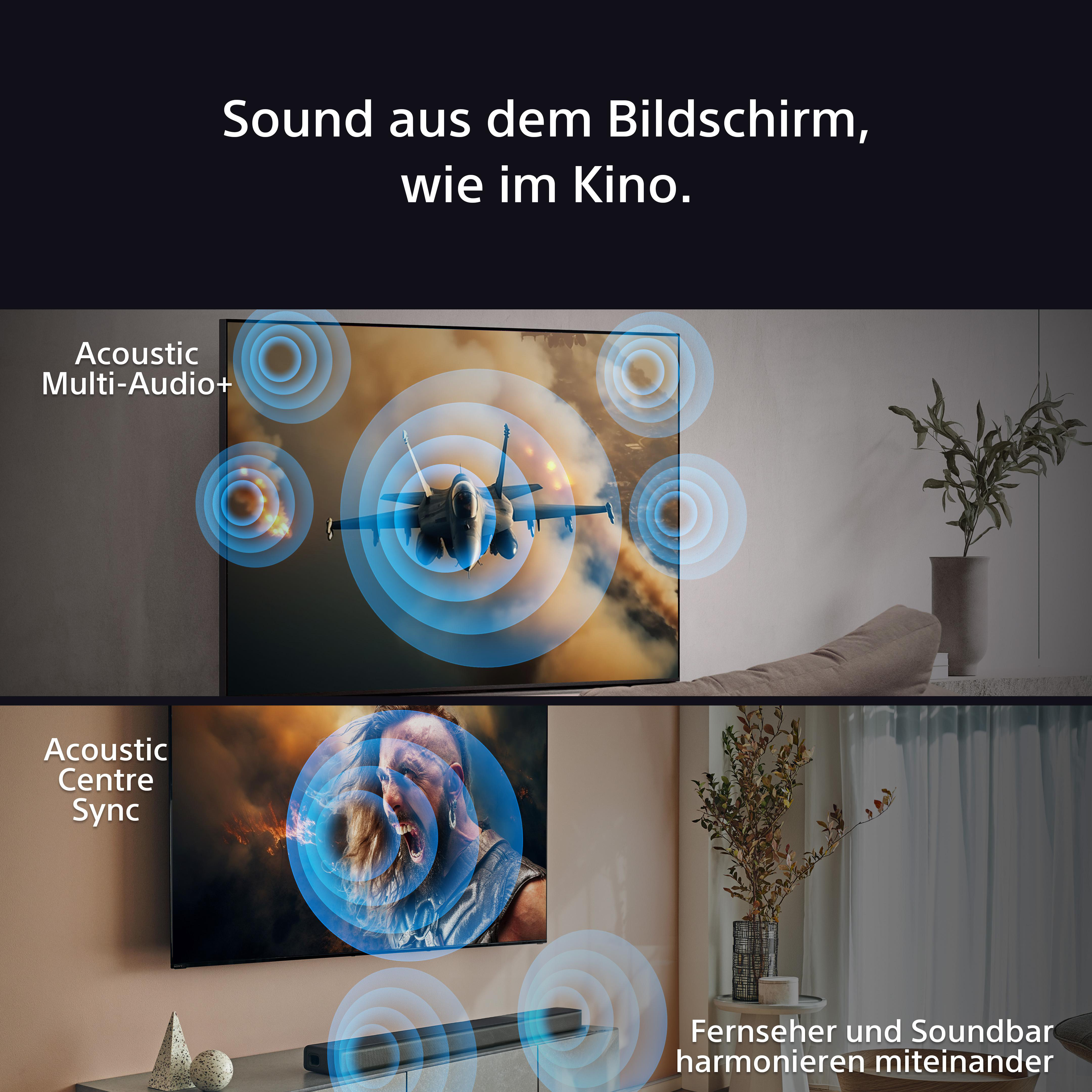 TV-Bildschirm mit Visualisierungen eines Flugzeugs und eines Mannes, mit Schallwellendarstellungen.