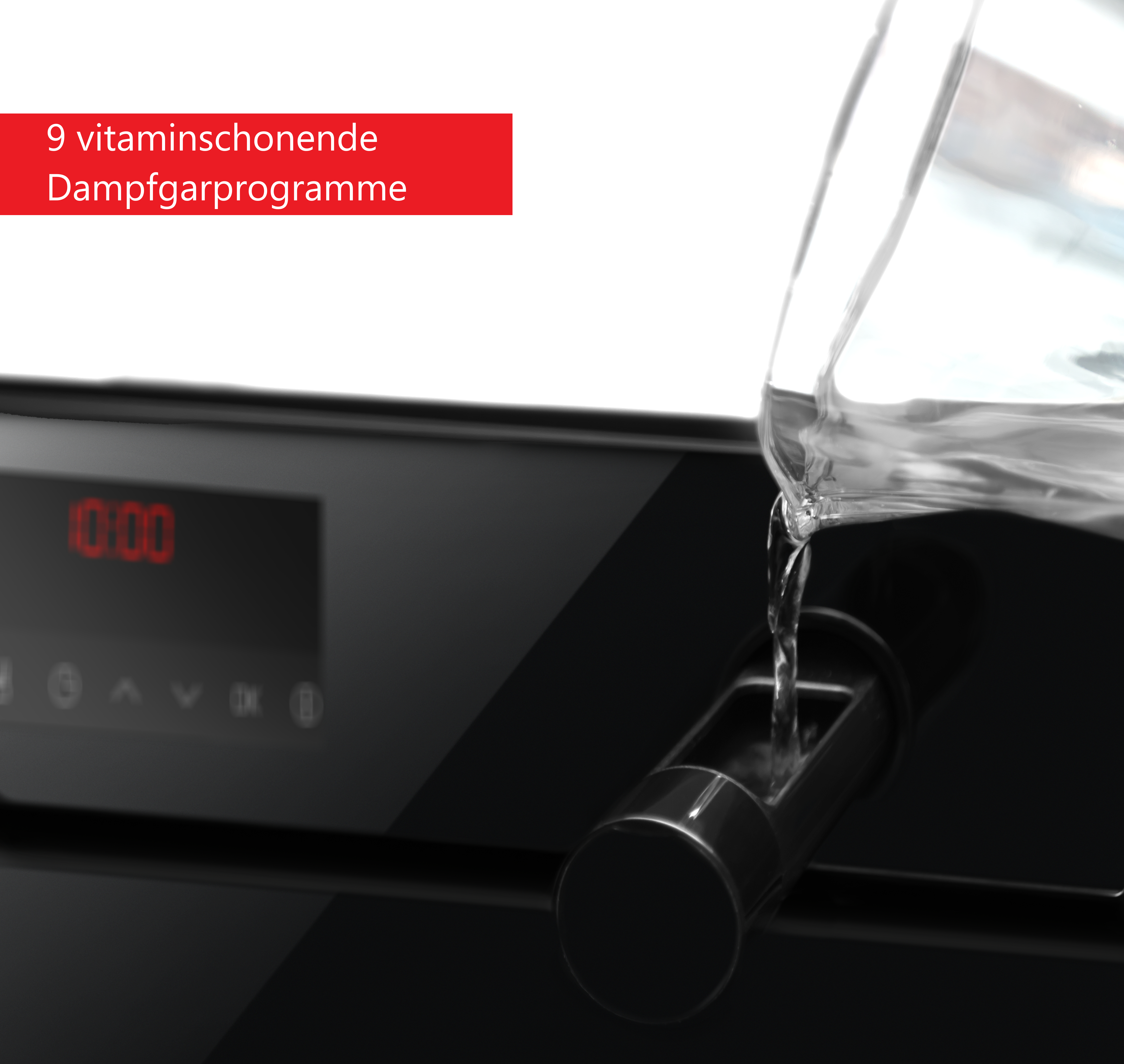 Wasser wird in ein schwarzes Gerät gegossen, zeigt einen Bildschirm mit roten Zahlen.