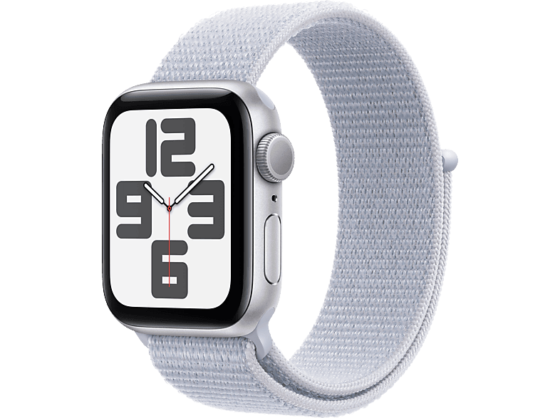 Apple Watch SE (2024), GPS + Cellular, 44 mm, Caja de aluminio Plata, Vidrio delantero Ion-X, Correa Loop deportiva Azul nube