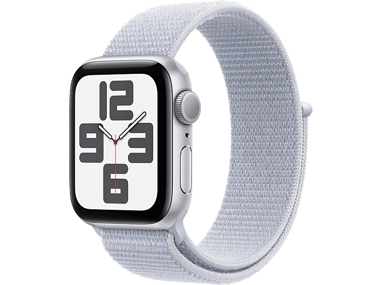 Apple Watch SE (2024), GPS, 44 mm, Caja de aluminio Plata, Vidrio delantero Ion-X, Correa Loop deportiva Azul nube