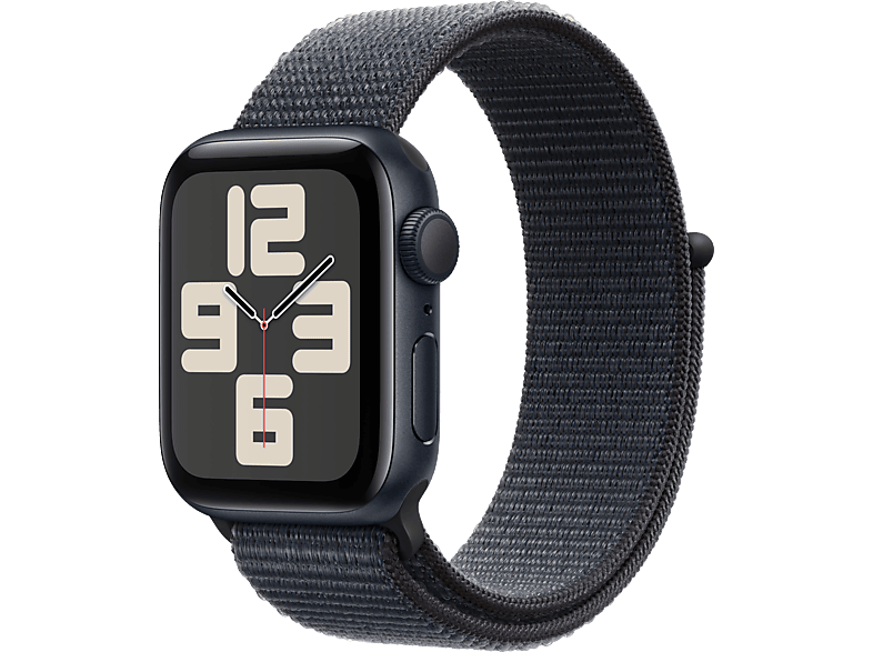 Apple Watch SE (2024), GPS, 40 mm, Caja de aluminio Medianoche, Vidrio delantero Ion-X, Correa Loop deportiva Tinta