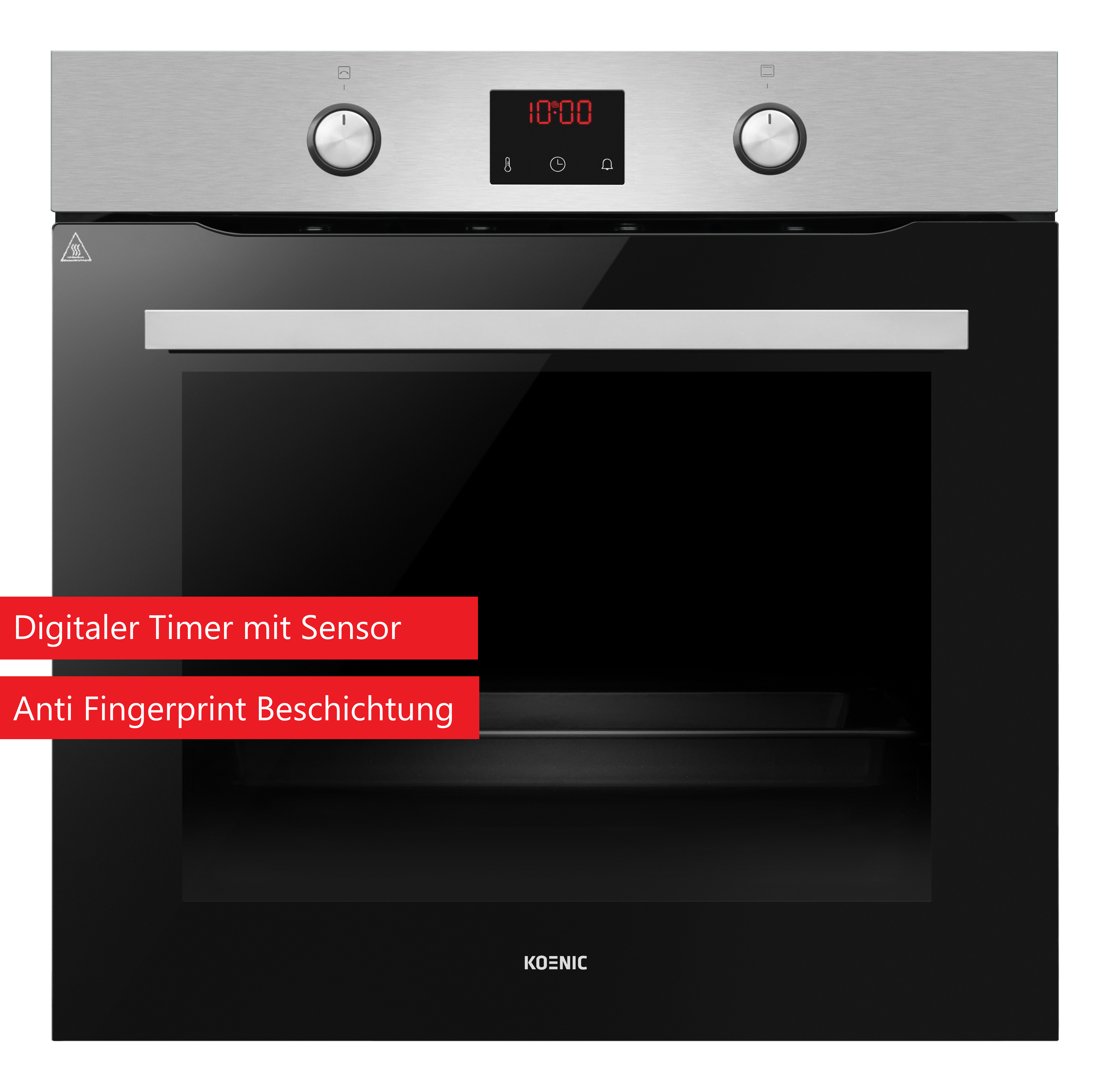 Ein Edelstahlbackofen mit digitaler Zeitschaltuhr und Glastür.