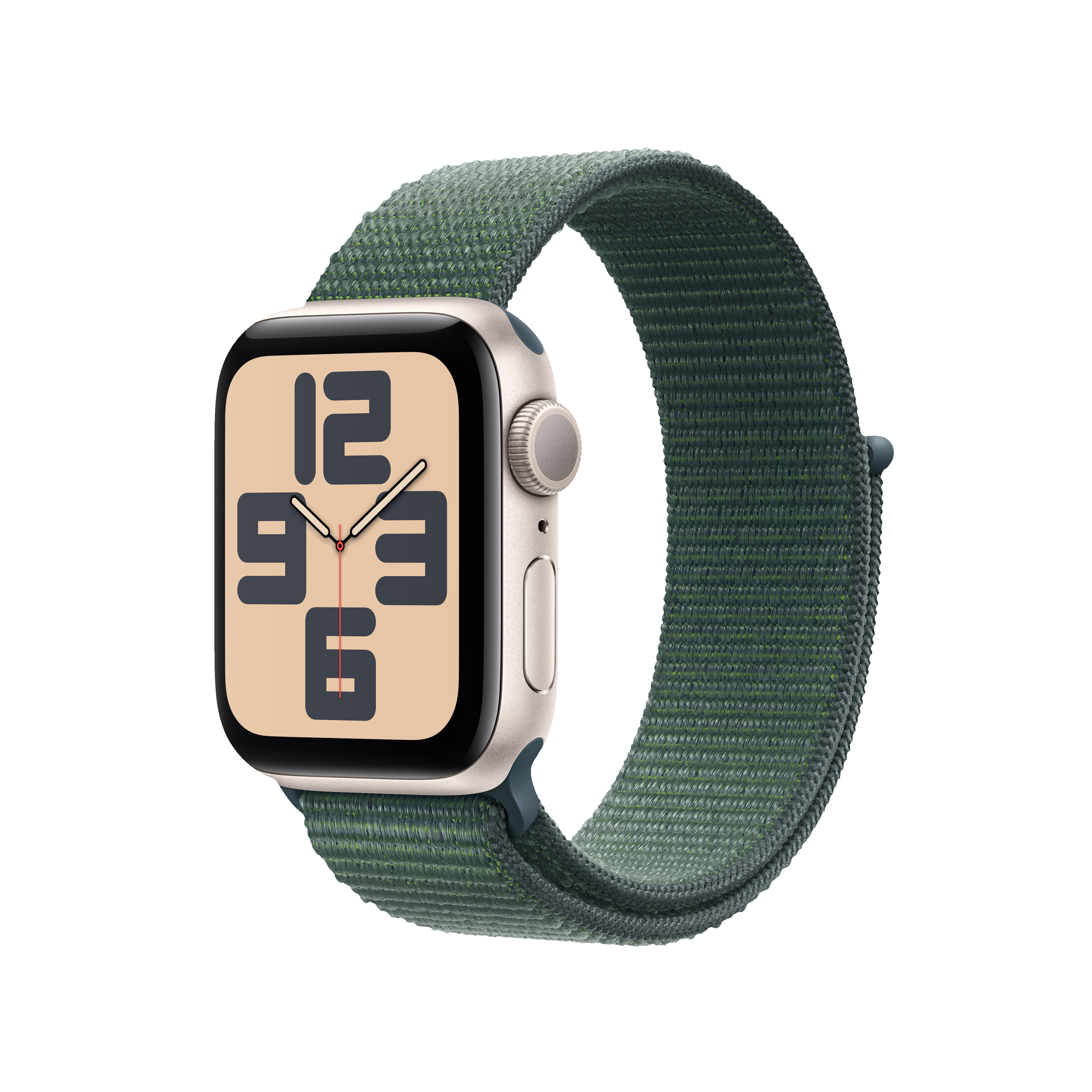 Apple Watch con correa verde. La esfera muestra la hora 12:06, fondo negro, esfera beige.