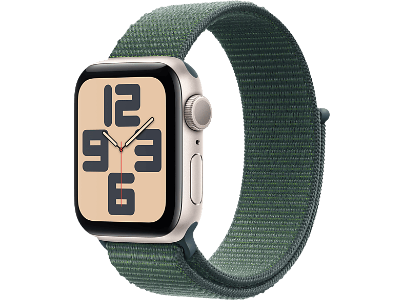Apple Watch SE (2024), GPS, 40 mm, Caja de aluminio Blanco estrella, Vidrio delantero Ion-X, Correa Loop deportiva Verde lago