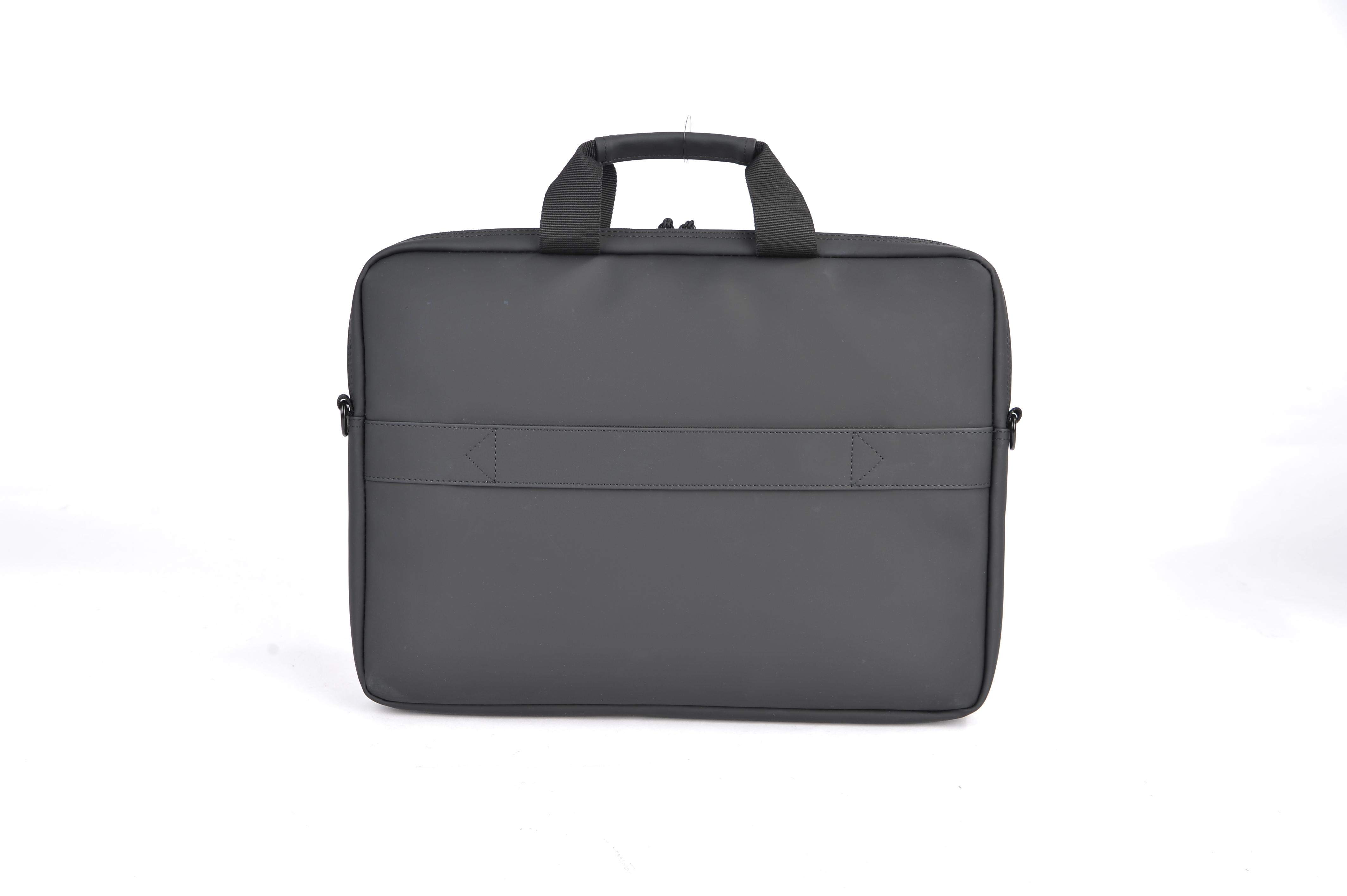 Graue Laptoptasche, Griff, weißer Hintergrund.