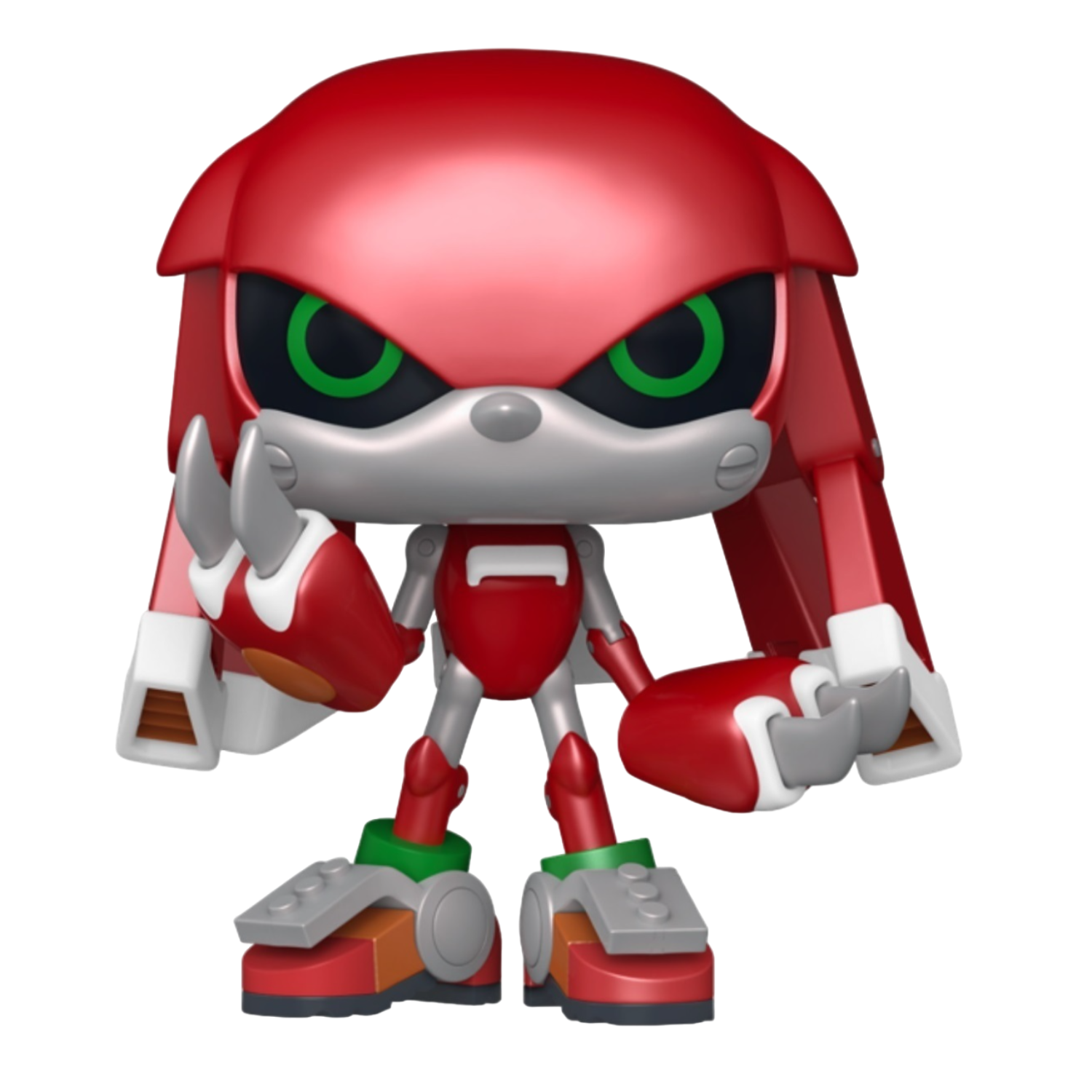 Metal Knuckles-beeldje. Rood en zilver met groene ogen en robotachtige kenmerken.