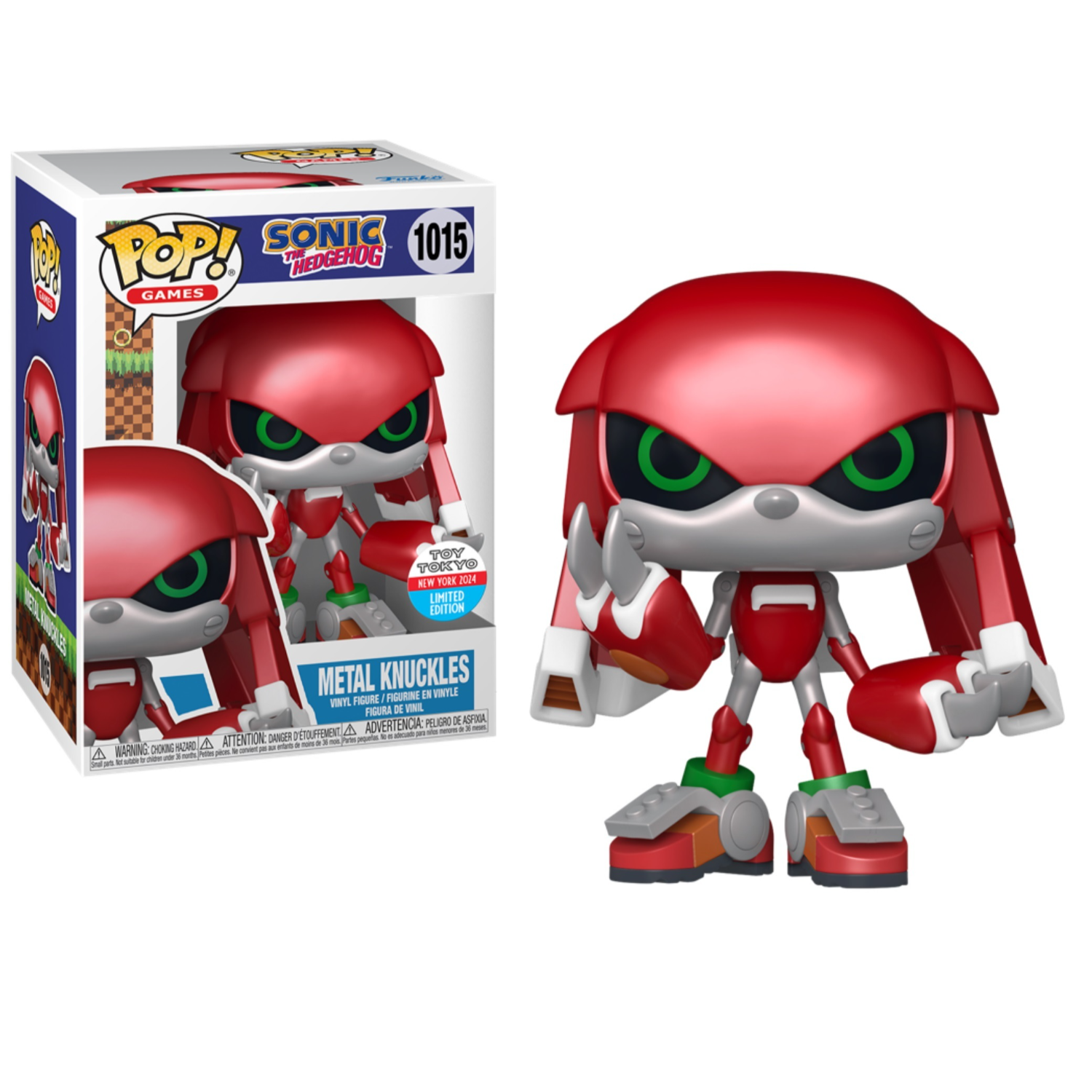 Een rode Metal Knuckles Funko Pop figuur in een doos, witte achtergrond.