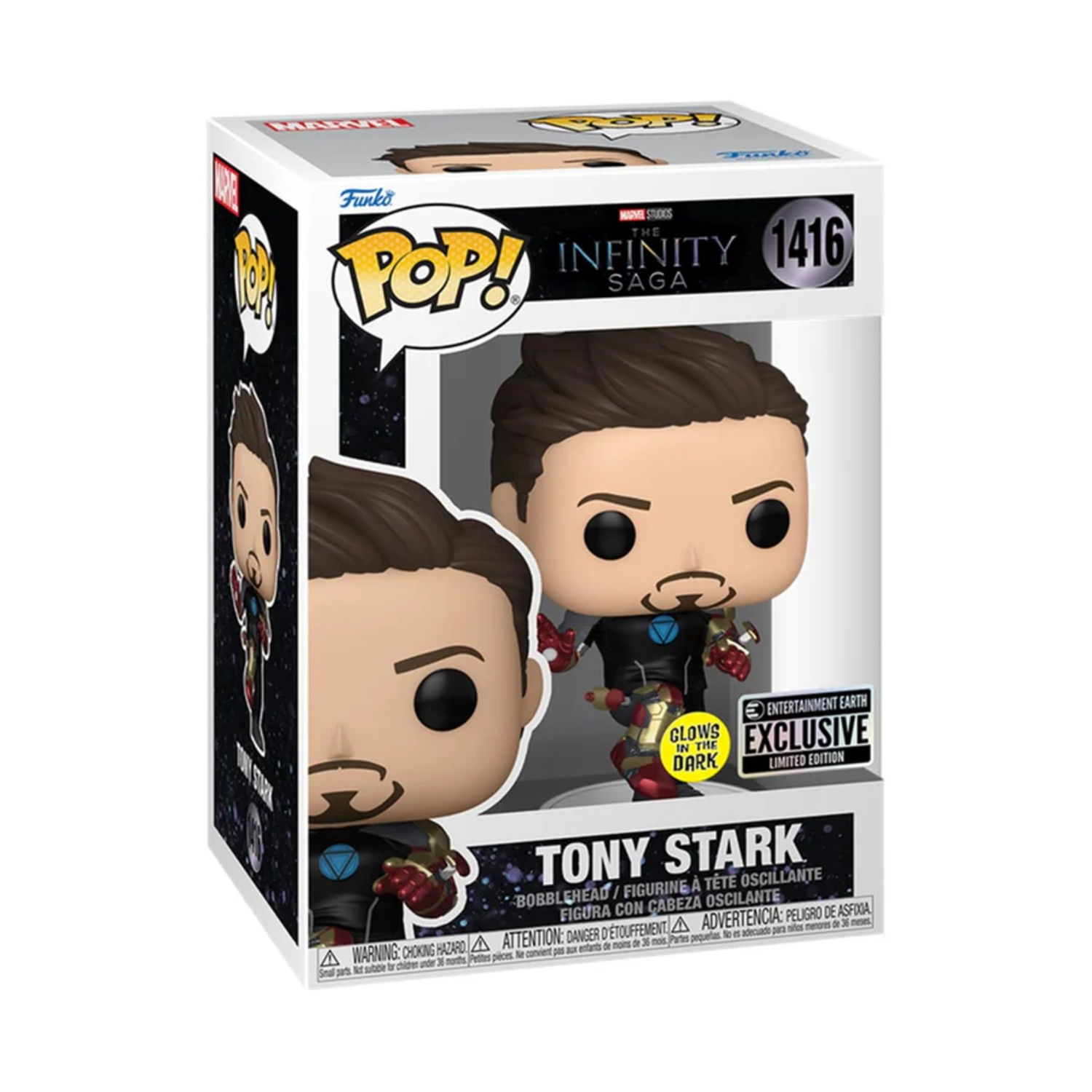 Een Funko Pop!-doos met Tony Stark in zijn Iron Man-pak. De doos zegt 'EXCLUSIVE' en 'Glows in the Dark'.