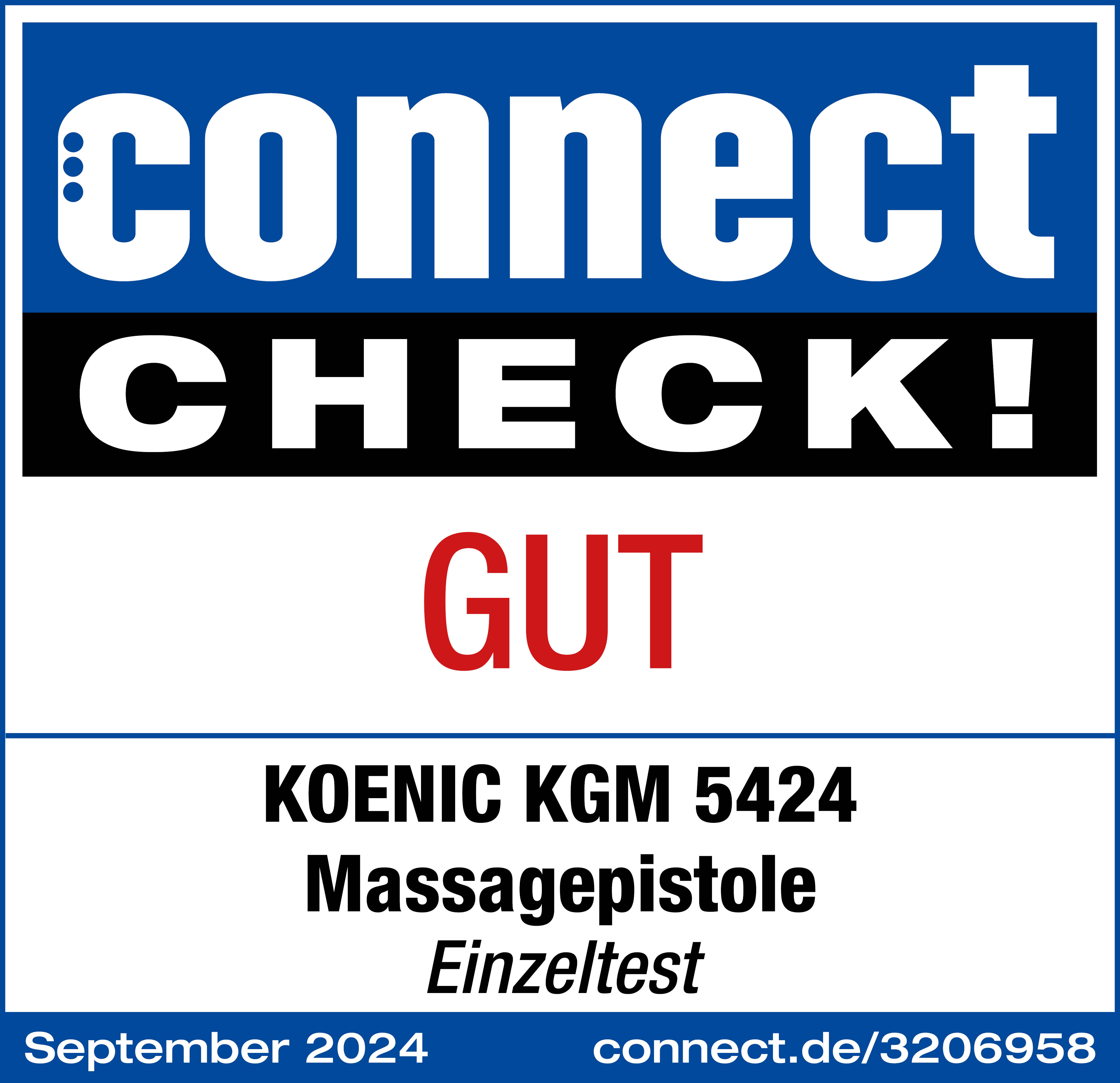 L'image présente un logo blanc 'connect CHECK!', 'GUT' en rouge et des détails du produit sur fond bleu.