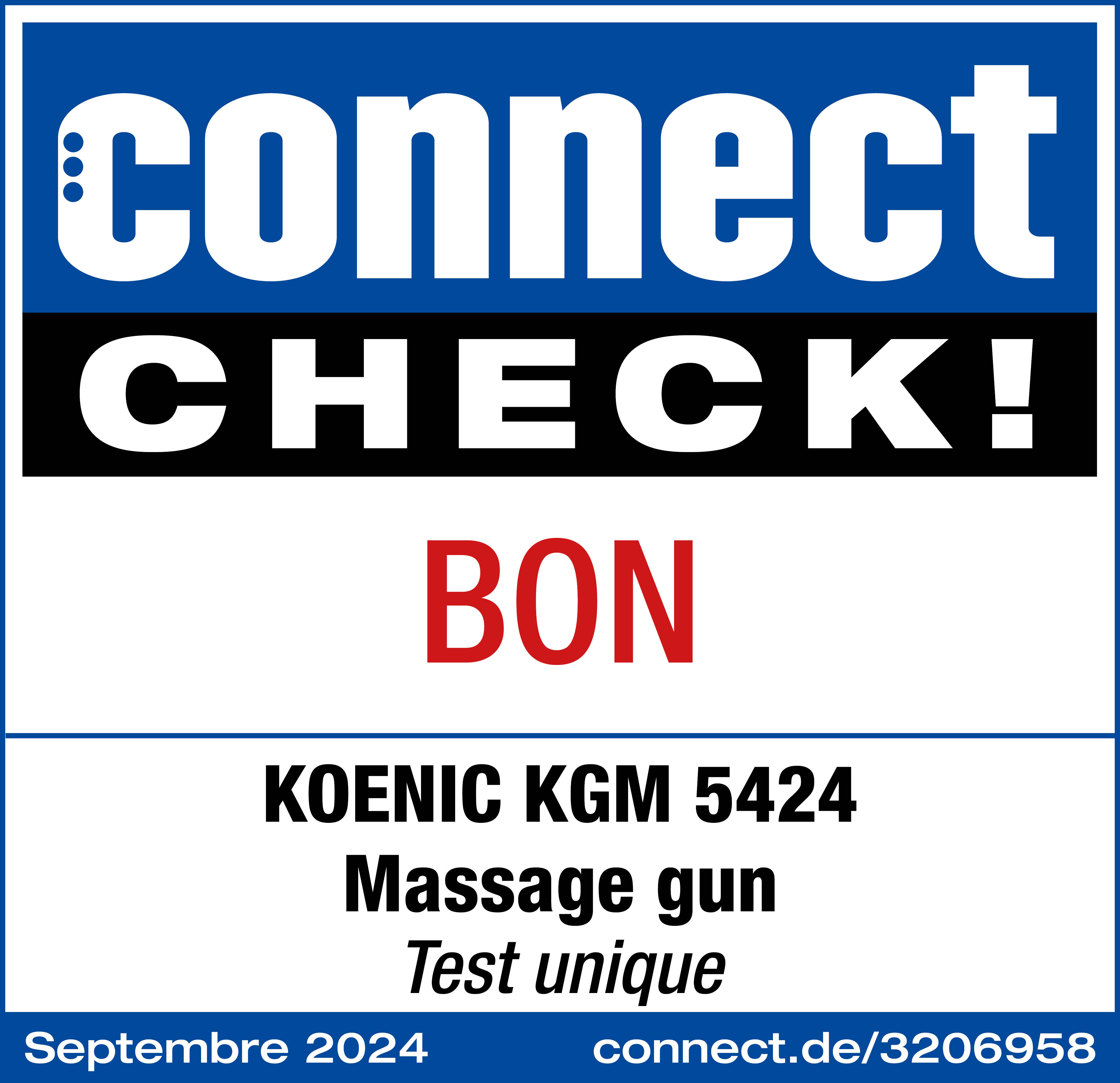 L'image est un graphique promotionnel. Il dit 'connect CHECK! BON' et annonce un test de pistolet de massage.