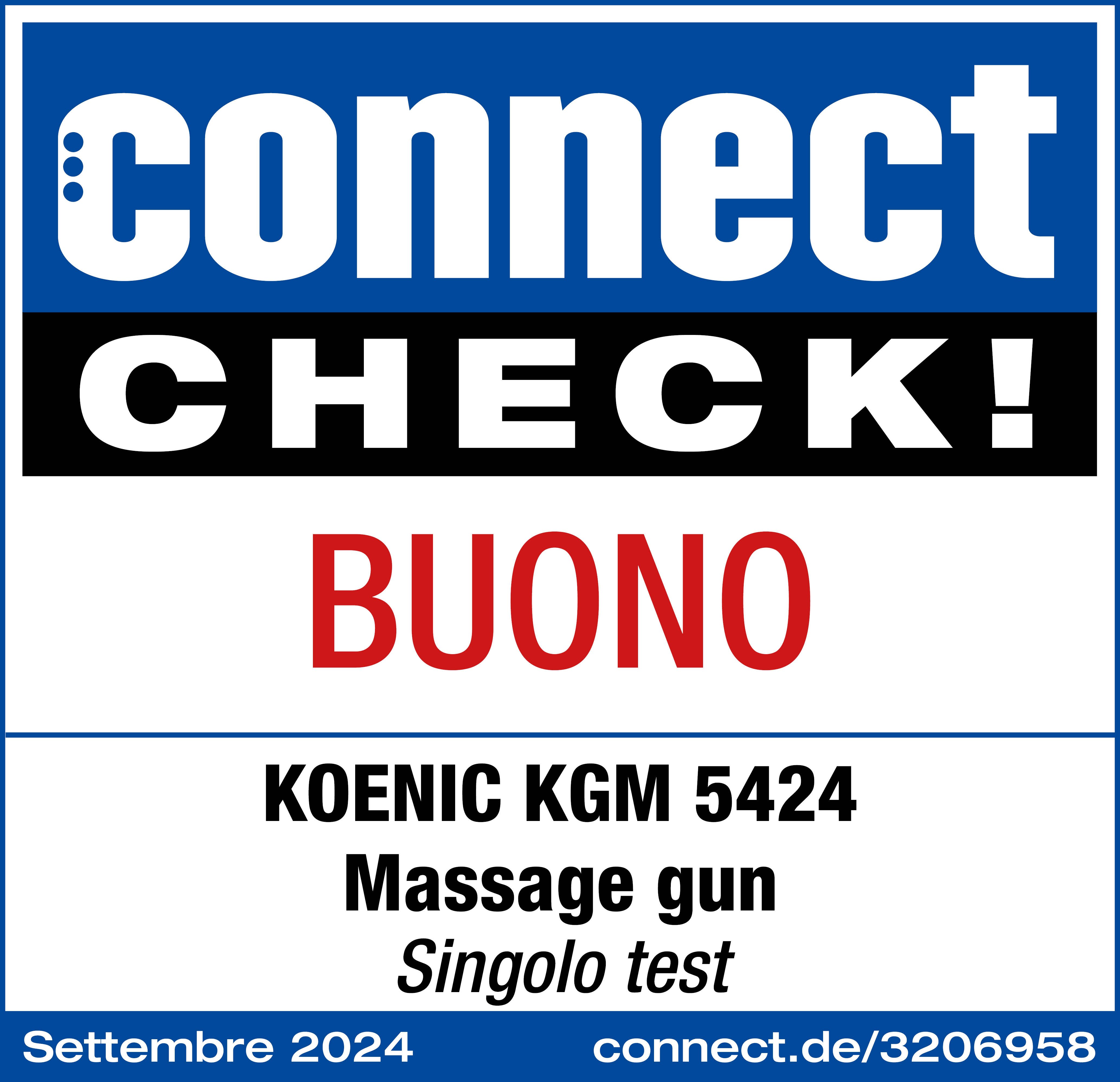 Affiche avec 'connect CHECK!' et 'BUONO'. Mentionne 'KOENIC KGM 5424' et 'Pistolet de massage'.