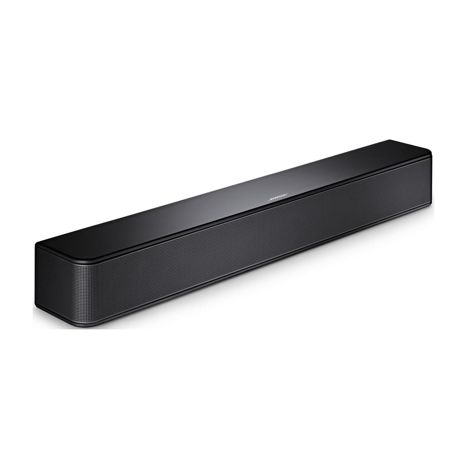 Barra audio Bose nera su sfondo bianco, rettangolare, con piccoli fori.