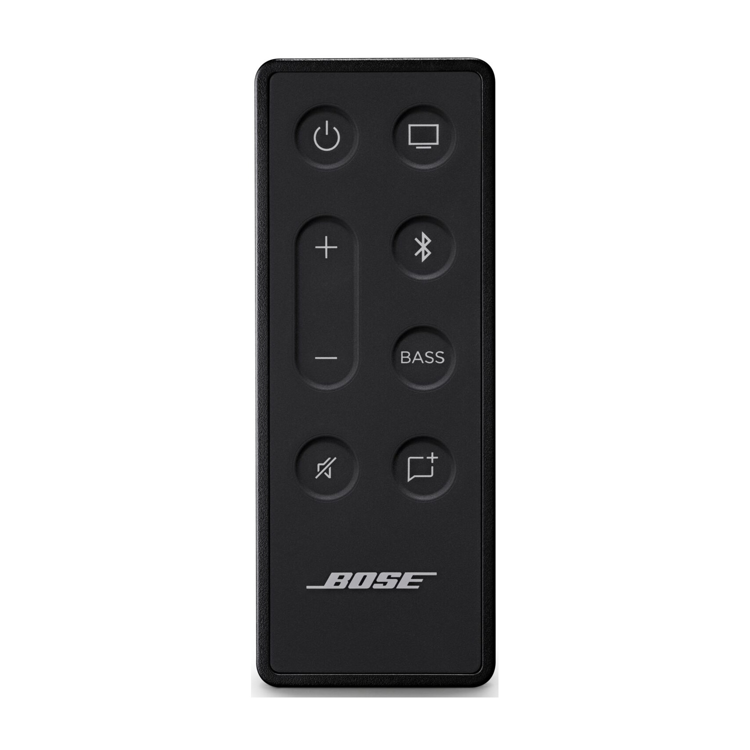 Telecomando Bose nero con pulsanti di accensione, volume e altre funzioni.