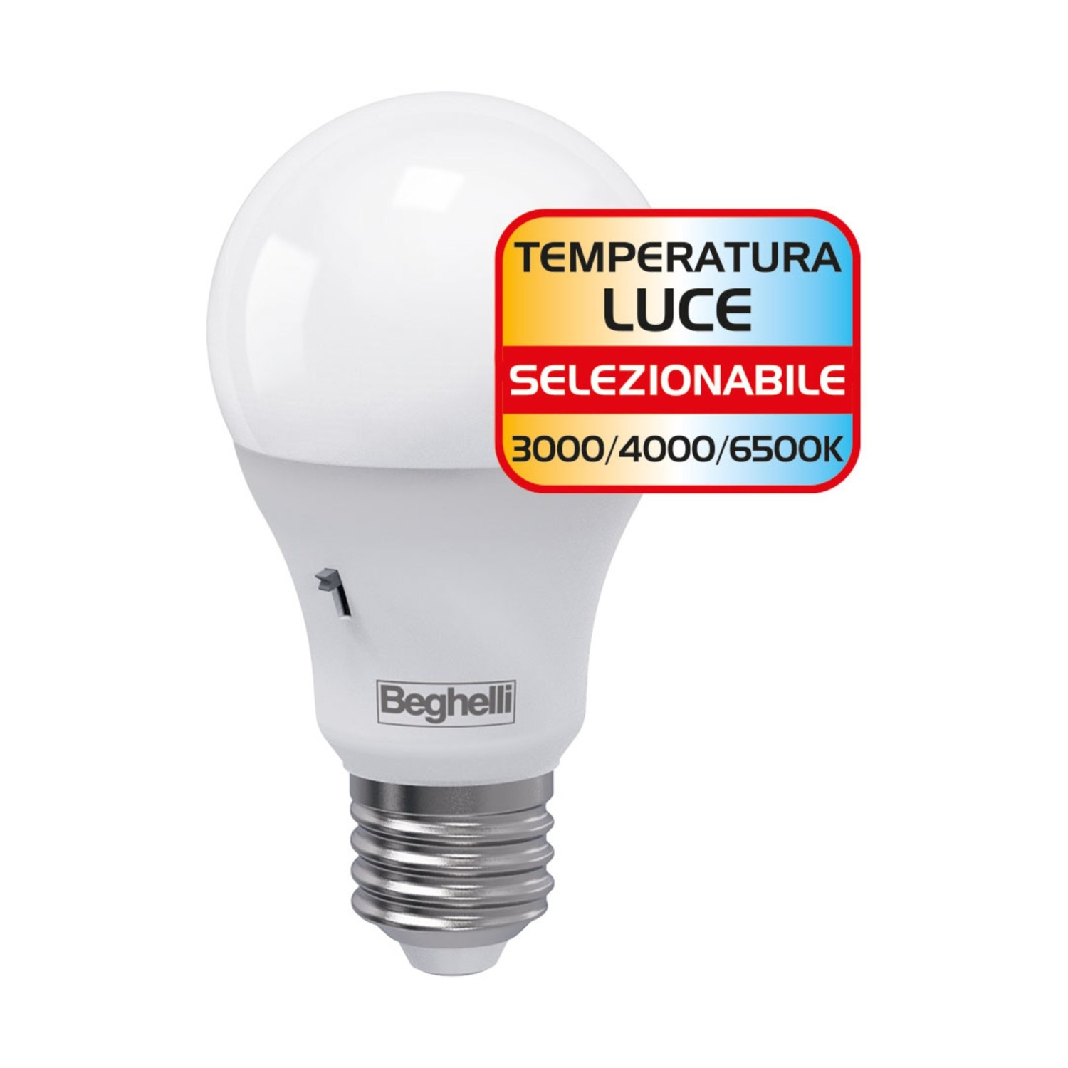 Lampadina LED bianca con etichetta che mostra la temperatura colore regolabile 3000/4000/6500K.