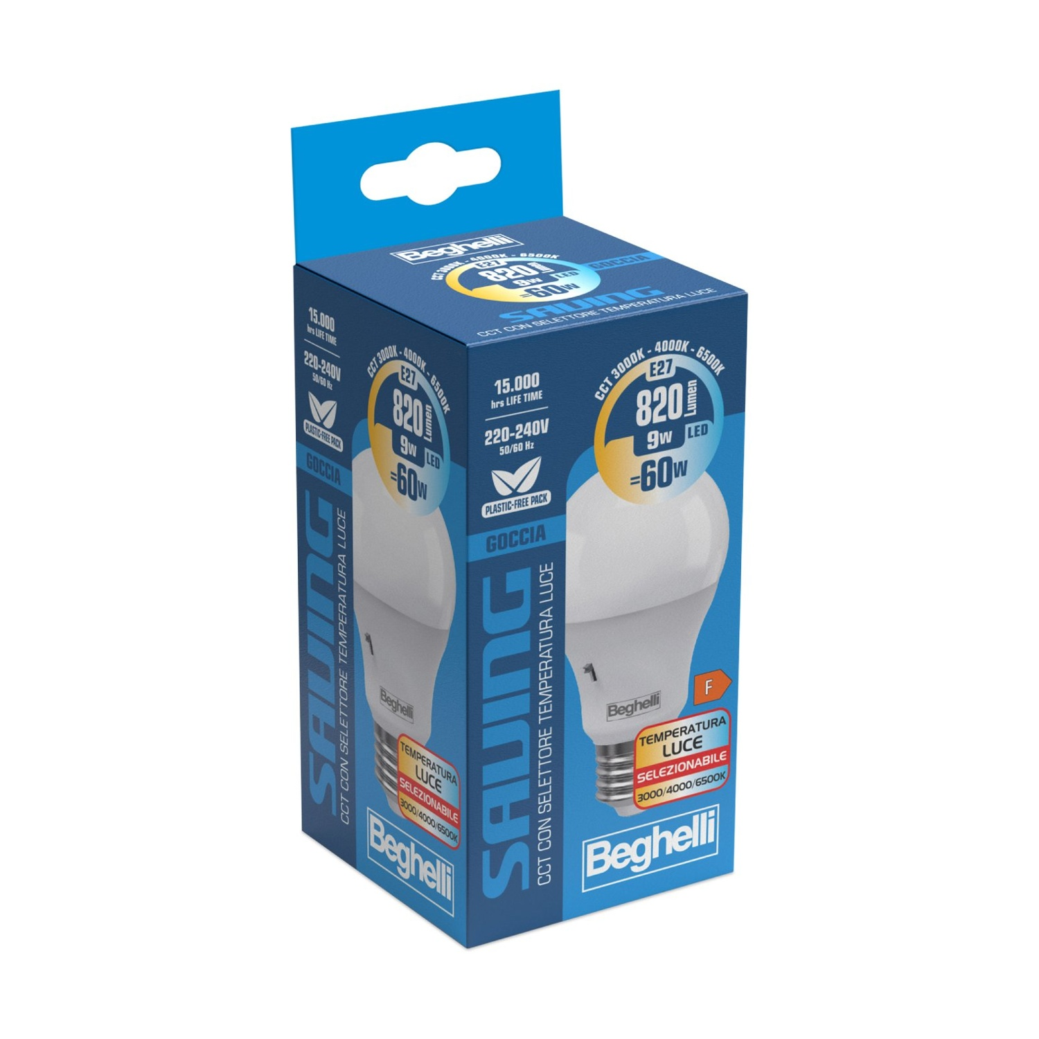 Una scatola di lampadine con un'immagine di lampadina bianca e testo su sfondo blu e bianco.