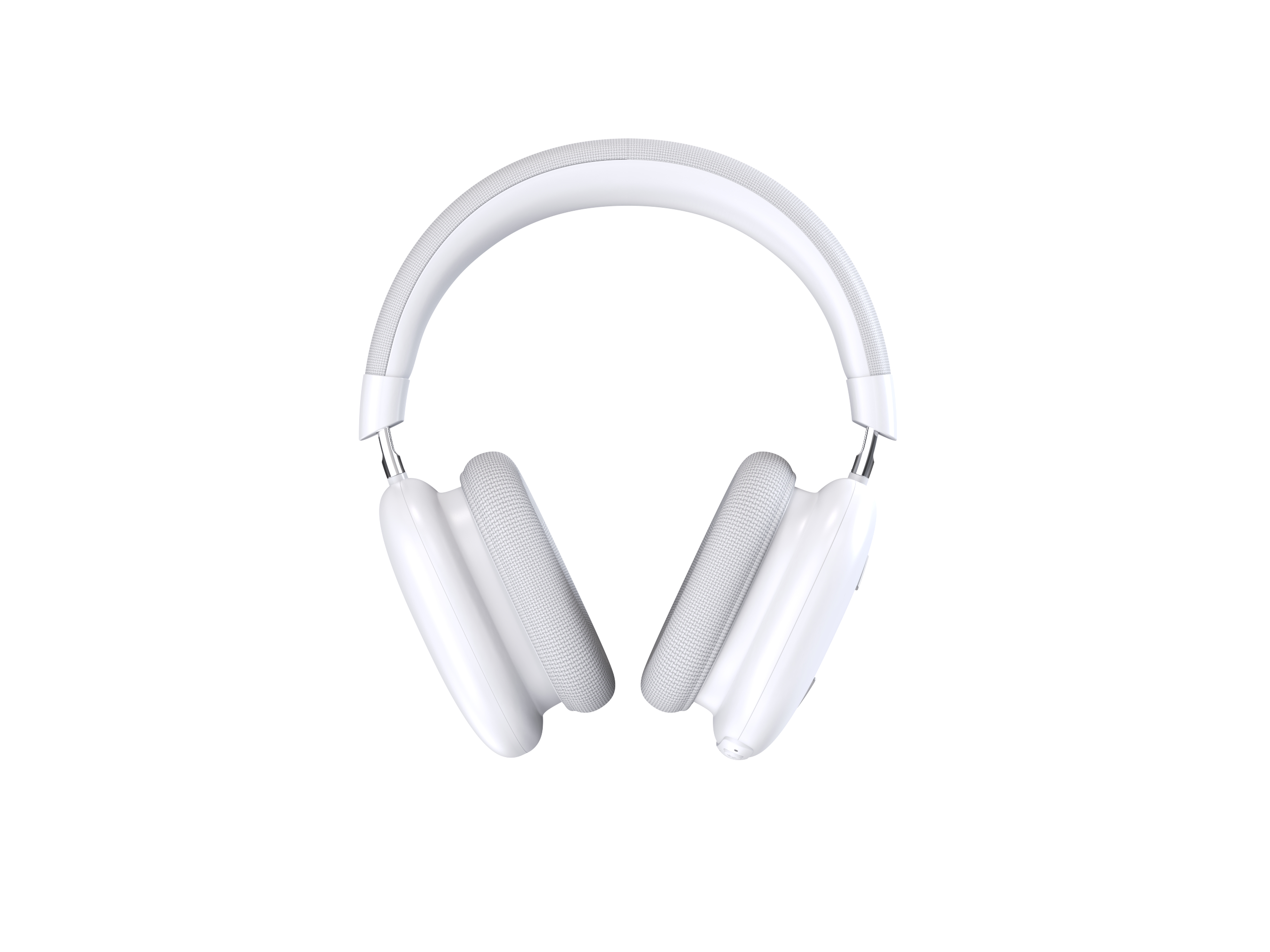 Weiße Over-Ear-Kopfhörer. Eine Draufsicht zeigt das Design, einschließlich des Kopfbands und der Ohrmuscheln.
