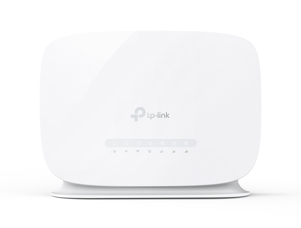 Biały router tp-link ze światłami z przodu.