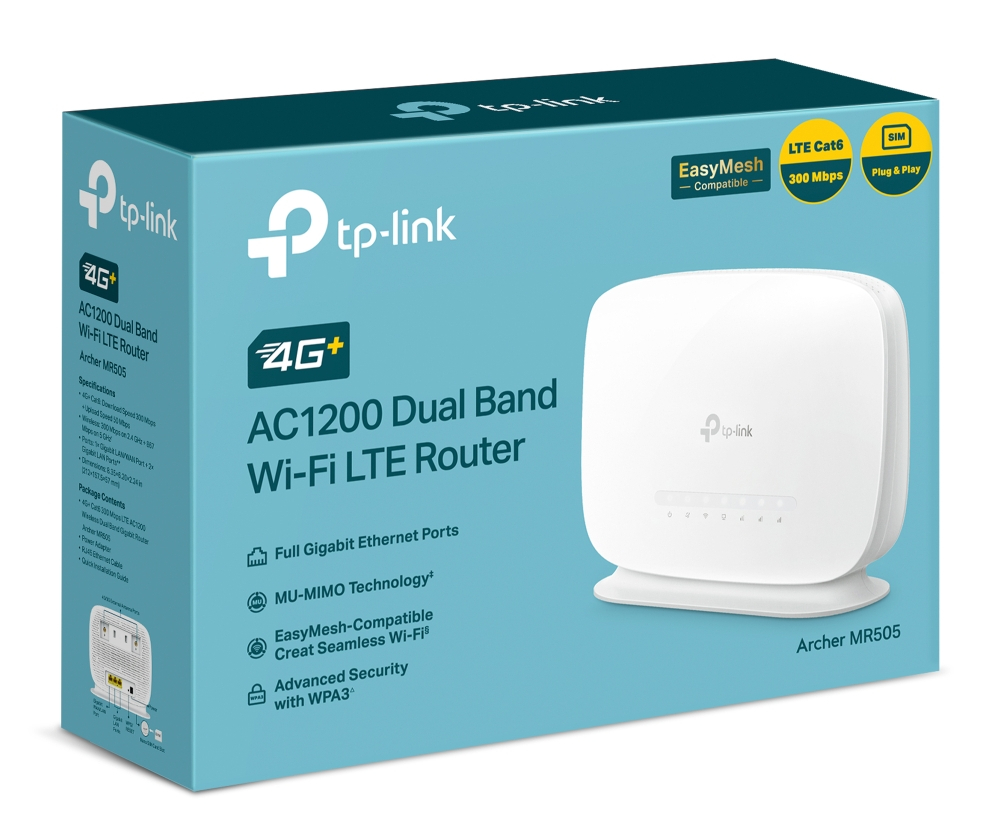 Pudełko routera TP-Link, szczegóły produktu, białe tło.