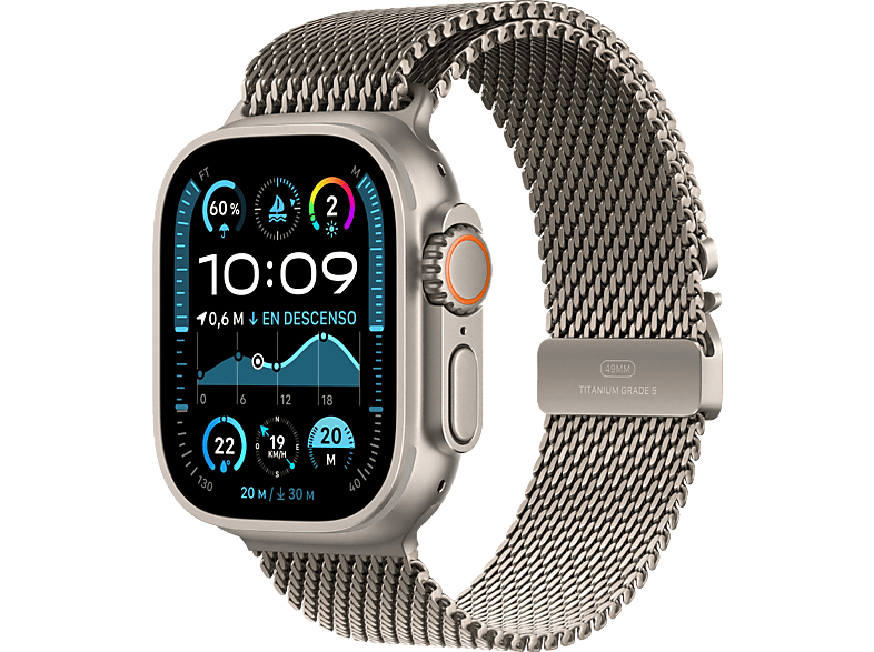 Apple Watch Ultra 2 (2024), GPS + Cellular, 49 mm, Caja de Titanio Natural, Gesto doble toque, Correa Natural Titanium Milanese Loop, Talla L