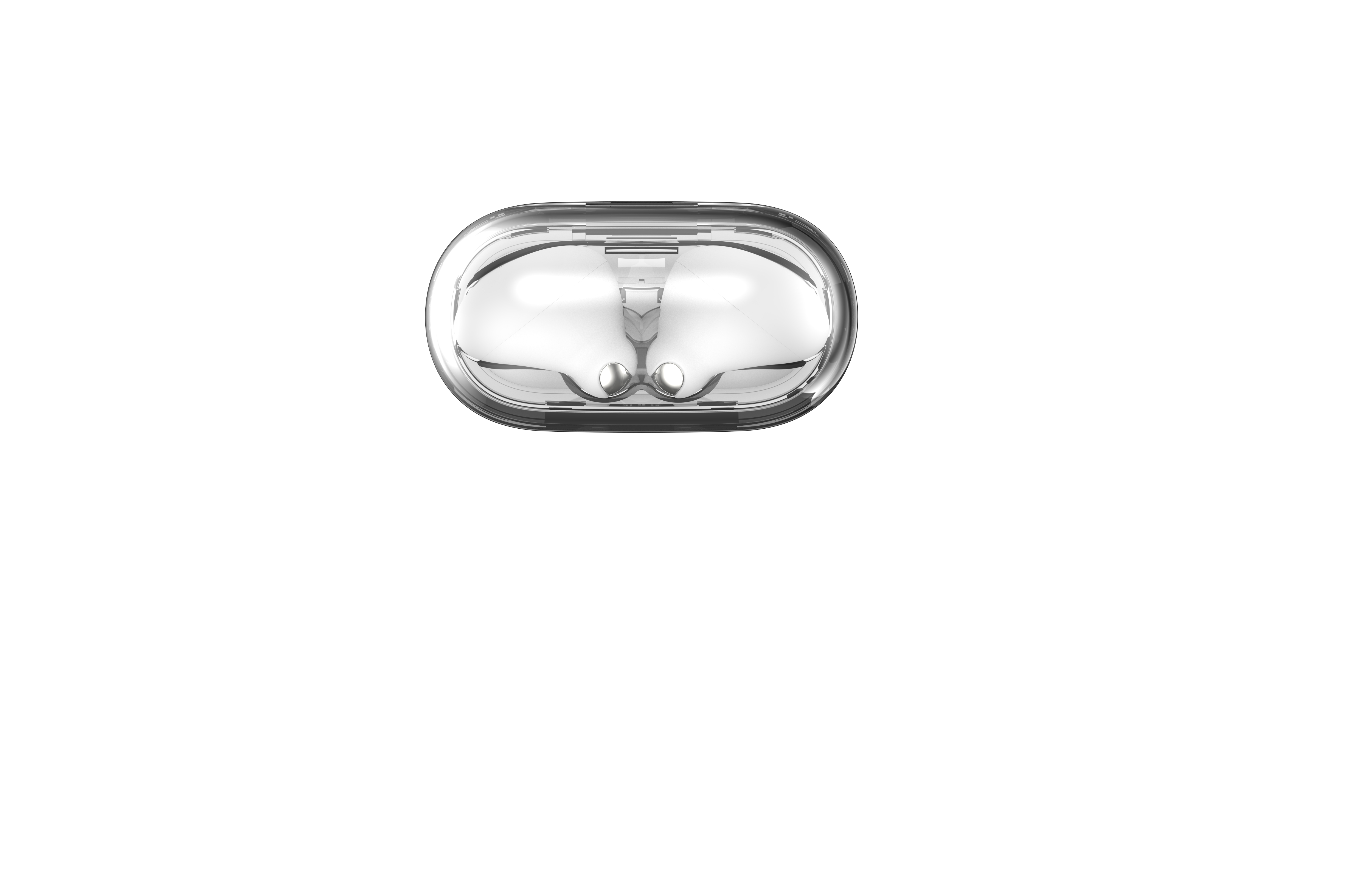 Ein durchsichtiges, ovales Etui mit zwei Ohrhörerfächern. Das Etui ist transparent mit weißem Hintergrund.