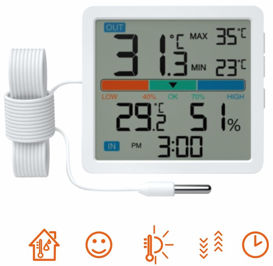 Termometr cyfrowy pokazujący temperaturę i wilgotność, z ikonami poniżej.