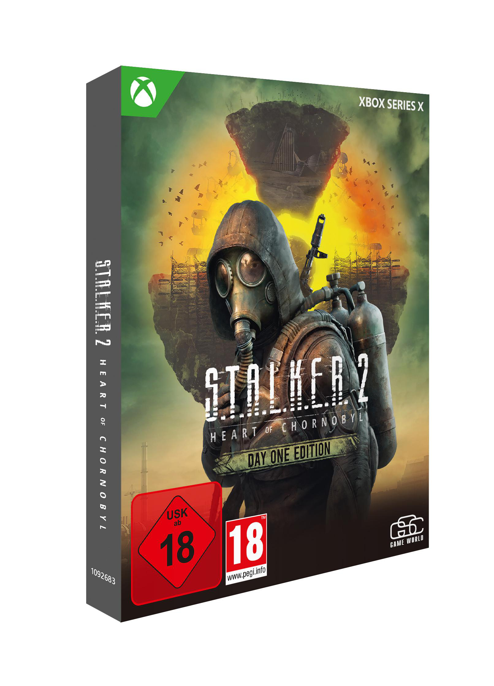 Spielbox für Stalker 2, mit einem Mann in Gasmaske.