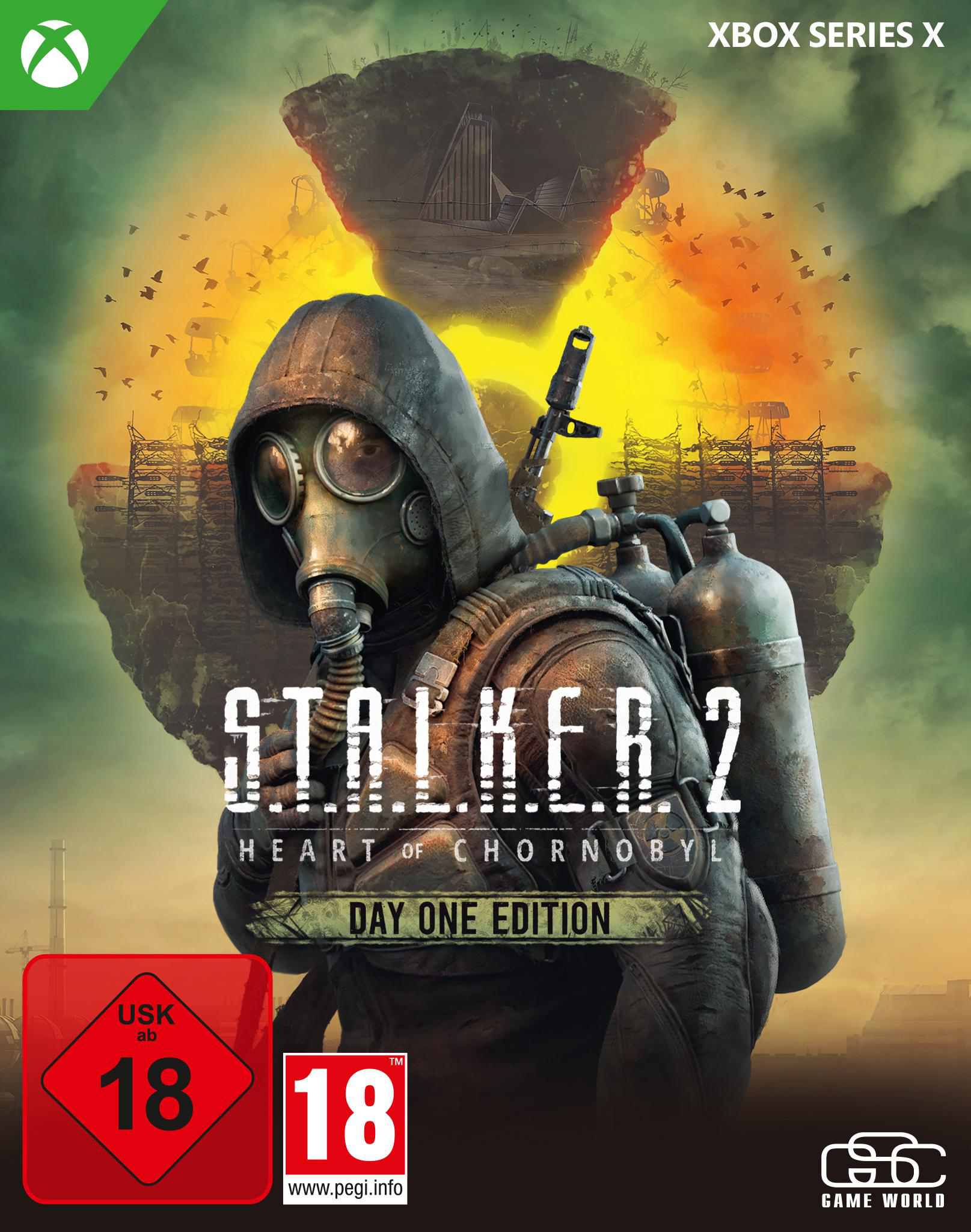 Stalker 2 Spielcover. Mann mit Gasmaske, postapokalyptische Umgebung.