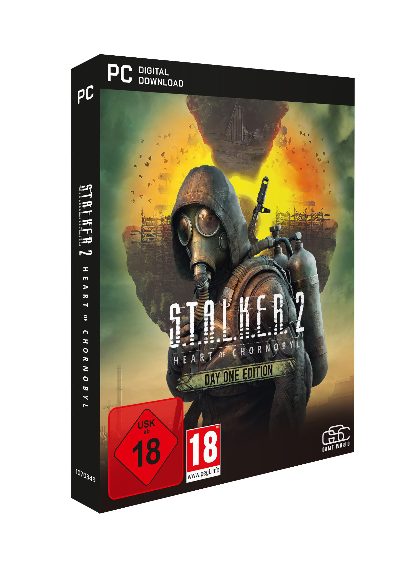 PC-Spielbox: Stalker 2, Bild einer Figur mit Gasmaske, brennender Himmel.