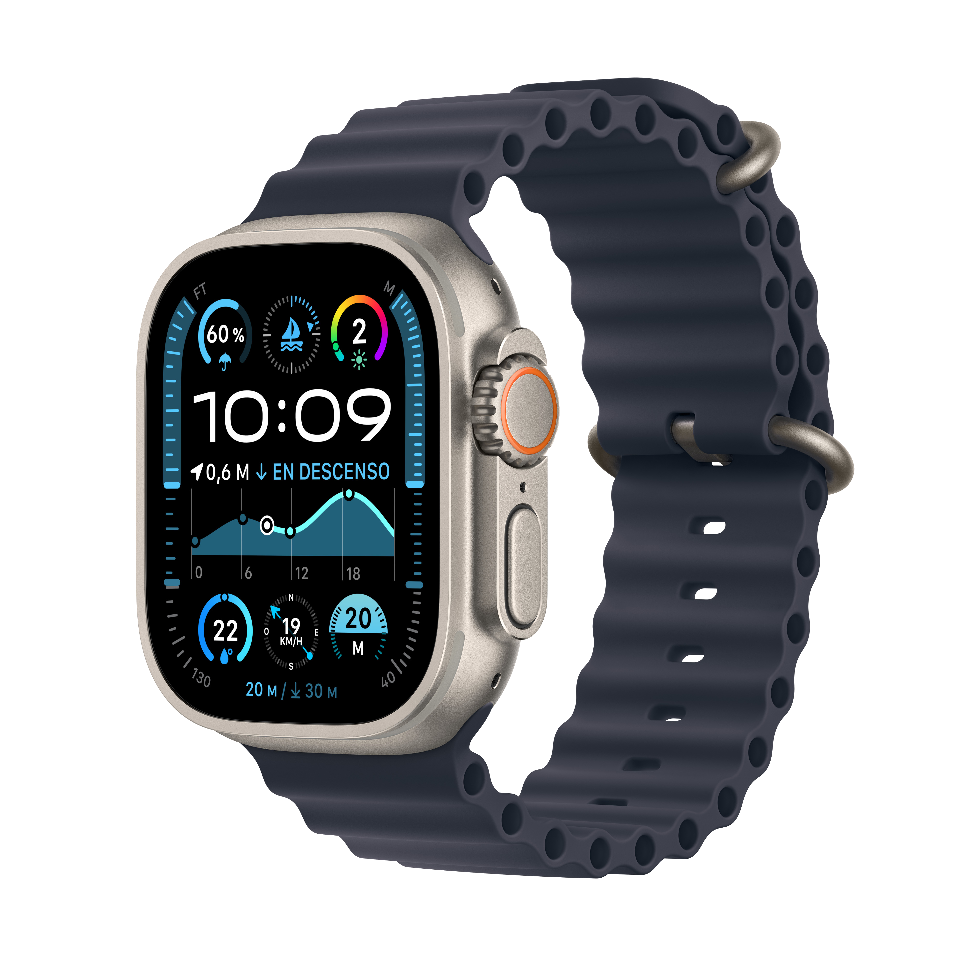 Apple Watch Ultra con una correa azul oscuro que muestra una pantalla colorida con hora y estadísticas.